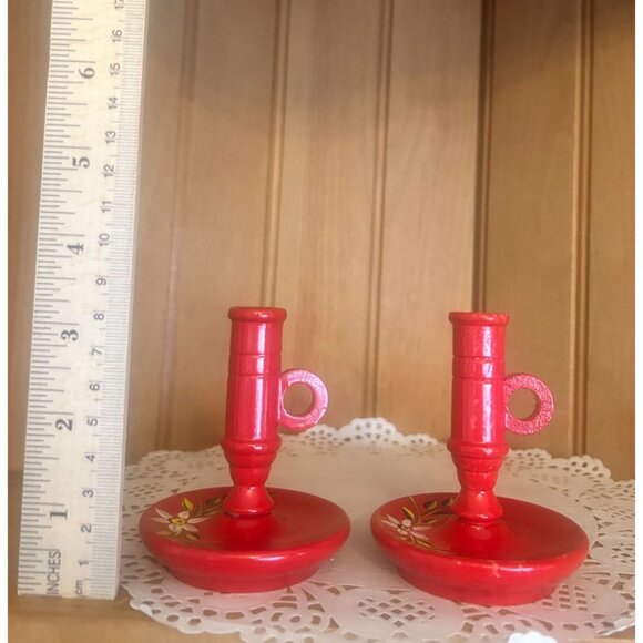 Vintage Swedish Red Hand Painted Dala Wood Candlestick Holders Floral Design - Picture 2 of 6